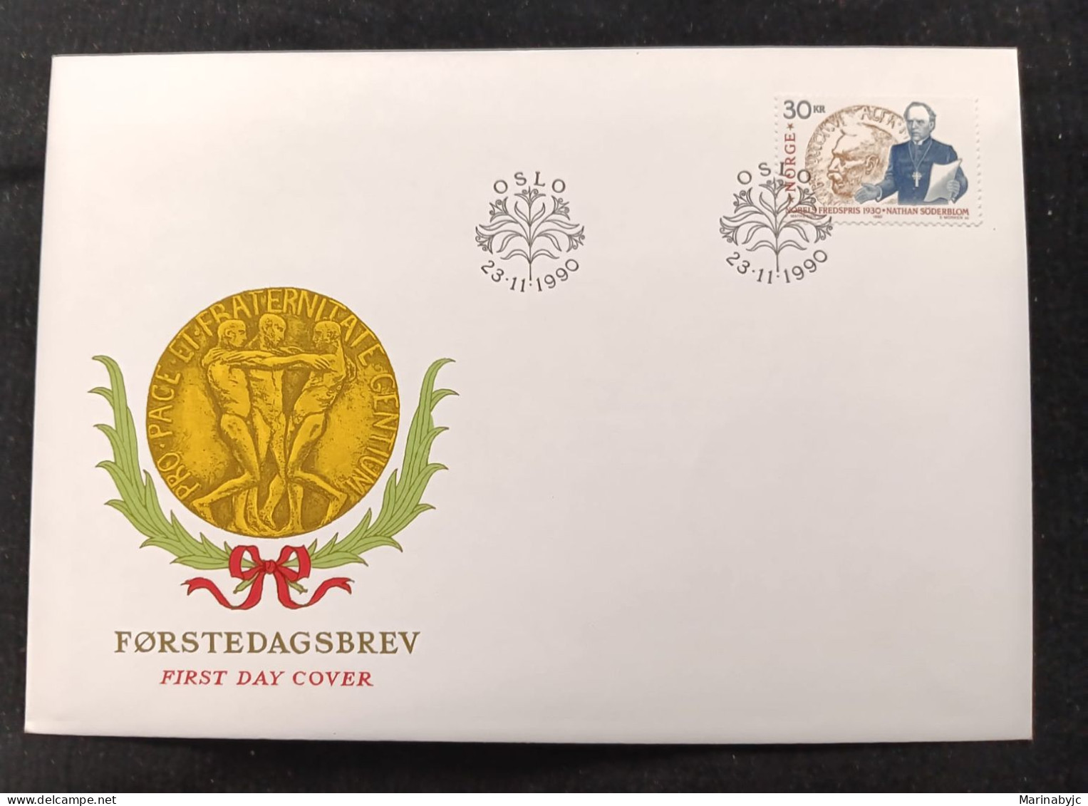 D)1990, NORWAY, FIRST DAY COVER, ISSUE, 60TH ANNIVERSARY OF THE AWARD OF THE NOBEL PEACE PRIZE TO THE HISTORIAN AND THEO - Nuevos