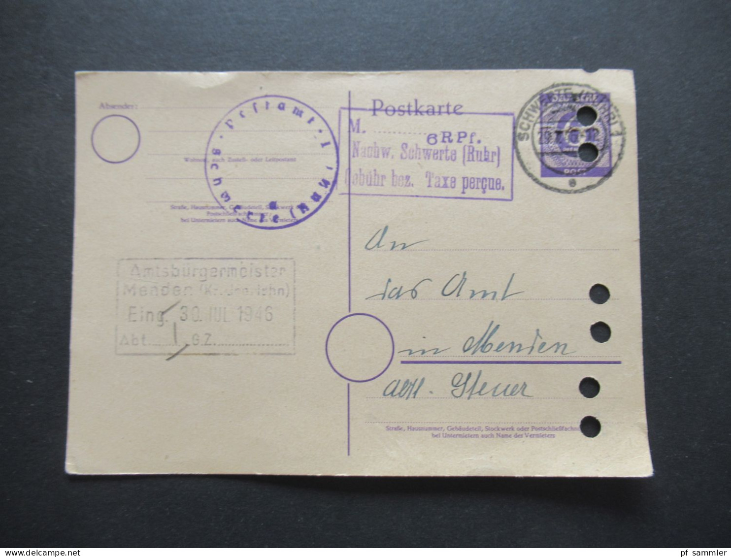 29.6.1946 Kontrollrat GA P B10 Notausgabe Schwerte Ruhr Stempel Nachw. Gebühr Bezahlt Und Postamt Schwerte Ruhr 250€ KW - Postal  Stationery