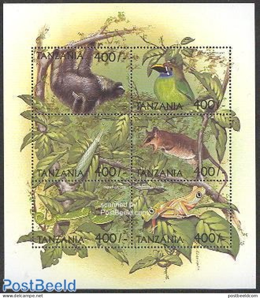 Tanzania 1999 Animals 6v M/s /Three Toed Sloth, Mint NH, Nature - Animals (others & Mixed) - Birds - Frogs & Toads - R.. - Tanzania (1964-...)