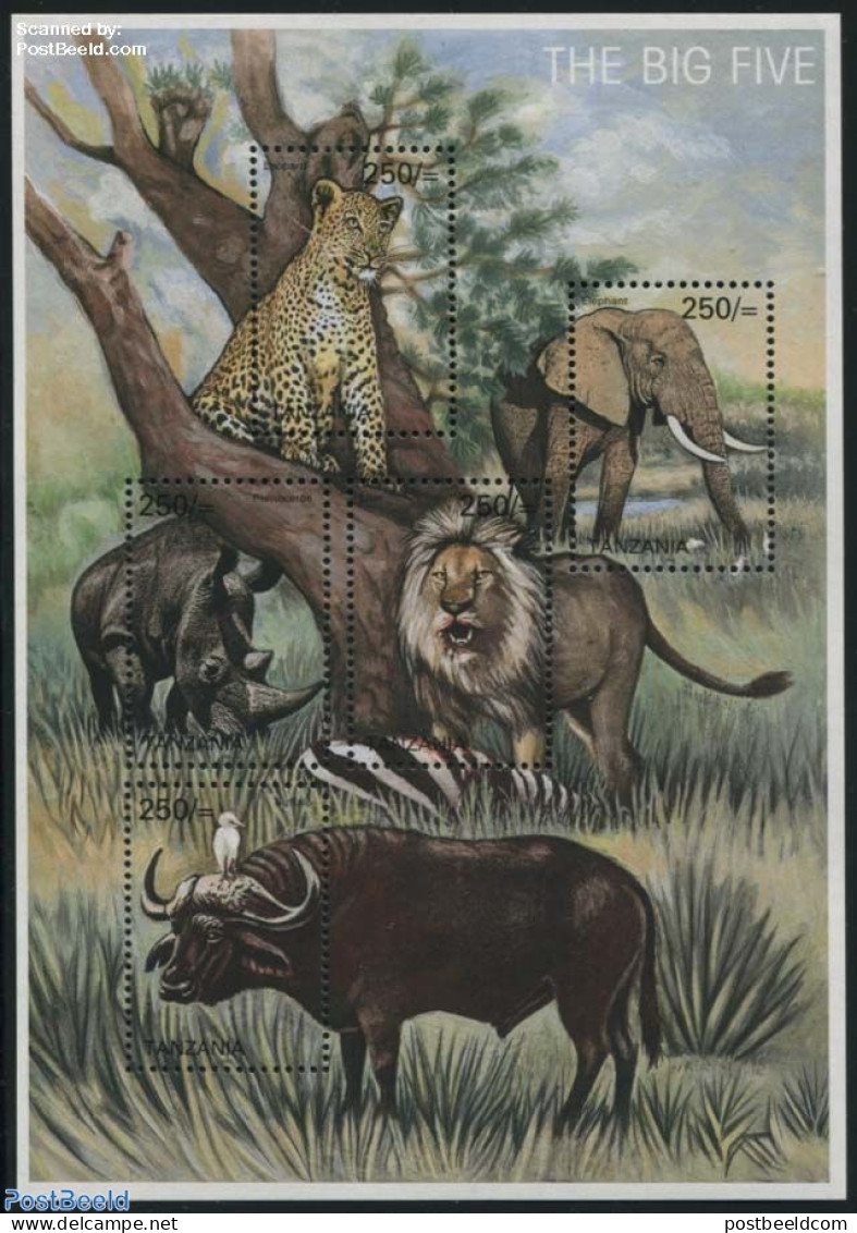 Tanzania 2002 Large Animals 5v M/s, Mint NH, Nature - Animals (others & Mixed) - Cat Family - Elephants - Rhinoceros - Tanzania (1964-...)