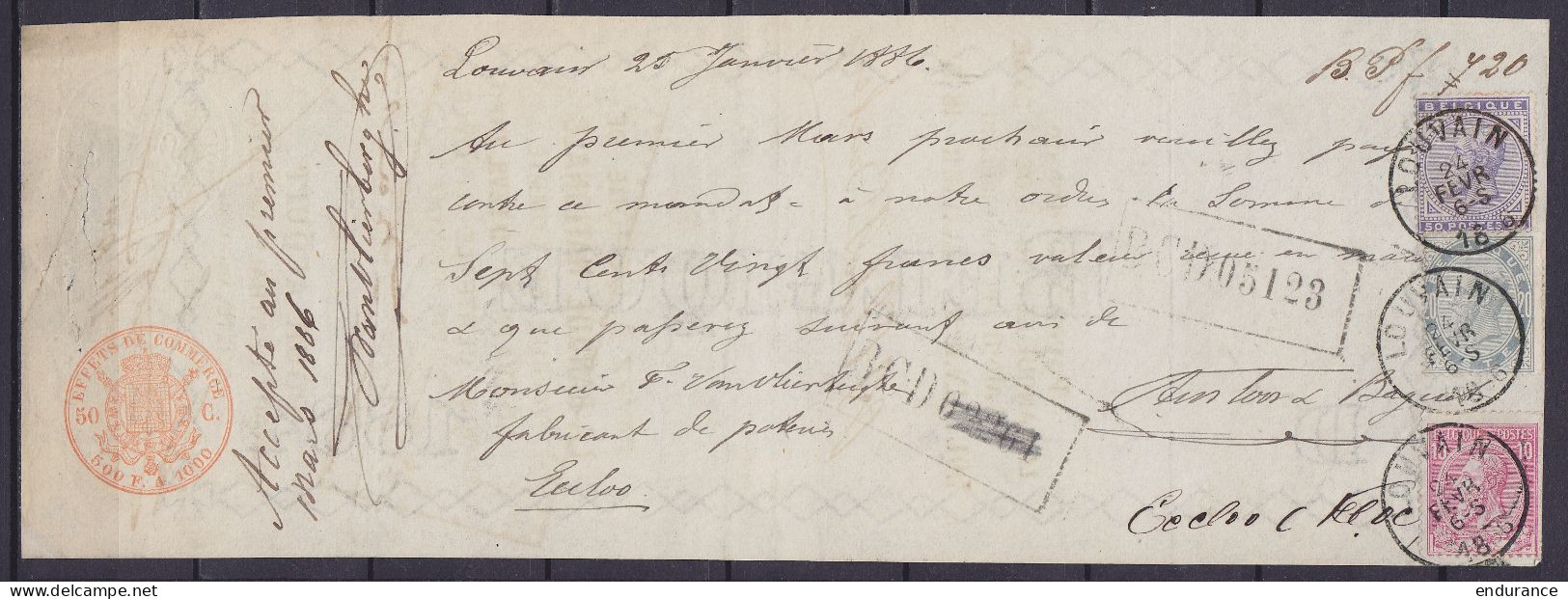 Effet De Commerce 50c Affr. N°46+39+41 Càd LOUVAIN /24 FEV 1886 Pour EECLOO - Voir Scans - 1883 Leopold II.