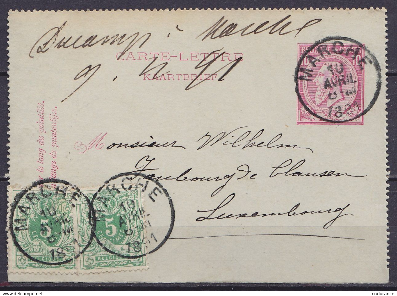 Devant De Carte-lettre 10c (N°46) + N°45x2 Càd MARCHE /10 AVRIL 1891 Pour Luxembourg - Kartenbriefe