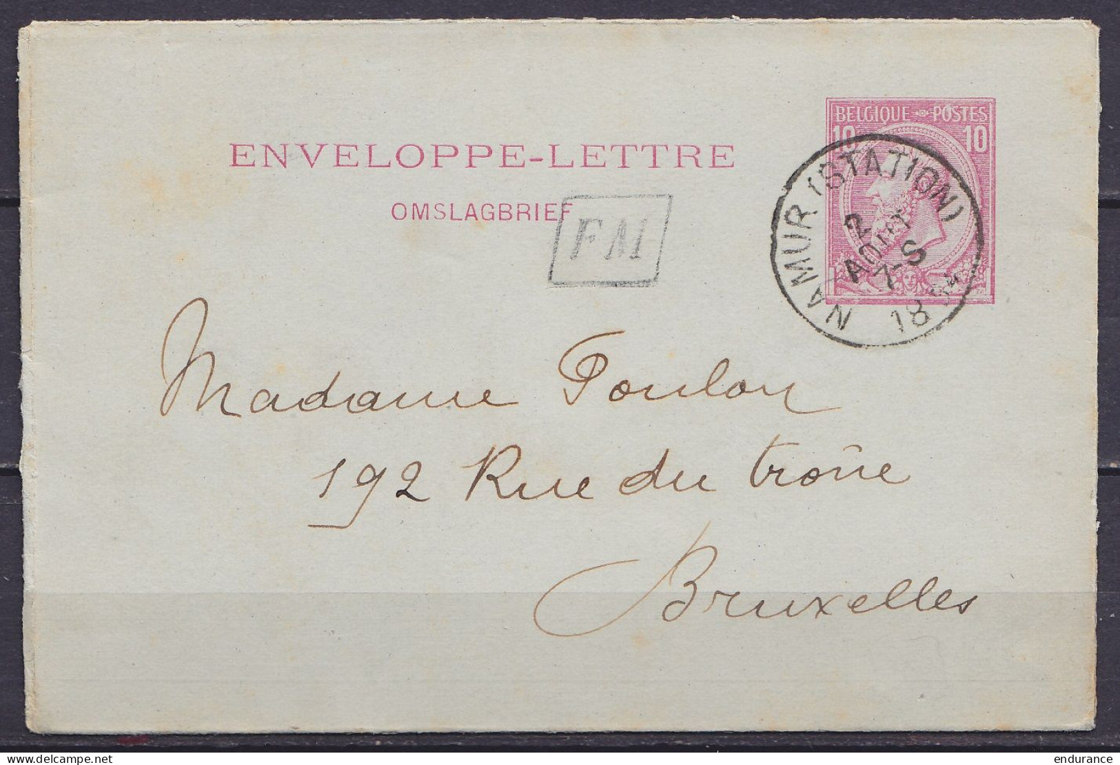 EP Enveloppe-lettre 10c (N°46) Càd NAMUR (STATION) /2 AOUT 1894 Pour BRUXELLES - Boîte [FM] (au Dos: Càd Arrivée BRUXELL - Sobres-cartas