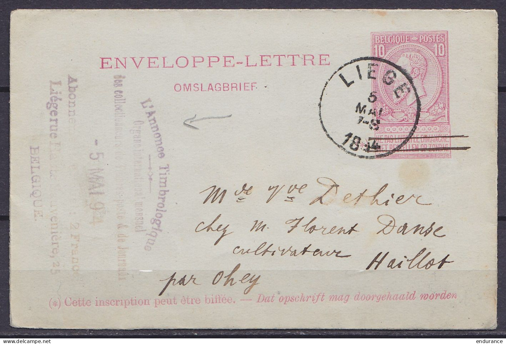 EP Enveloppe-lettre 10c (N°46) Càd LIEGE /6 MAIS 1894 Pour HAILLOT Par Ohey - Cachet "L'Annonce Timbrologique" (patte Ar - Briefumschläge