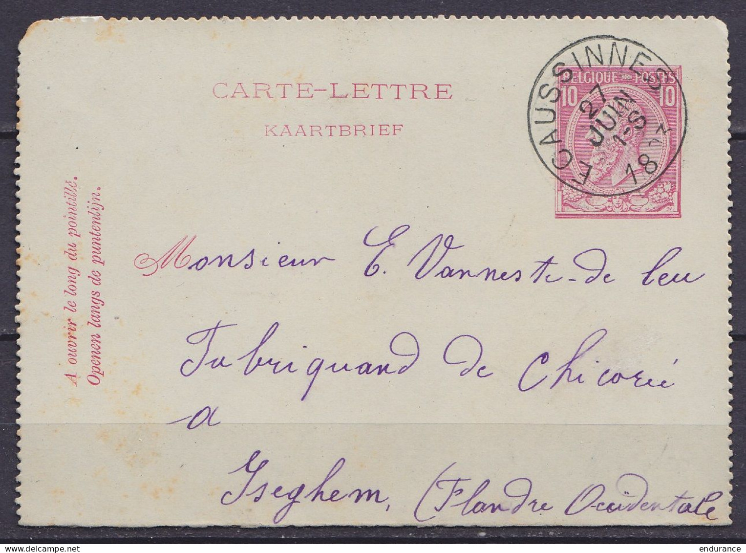 EP Carte-lettre 10c (N°46) Càd ECAUSSINES /27 JUIN 1893 Pour Fabricant De Chicorée à ISEGHEM (au Dos: Càd Arrivée ISEGHE - Carte-Lettere