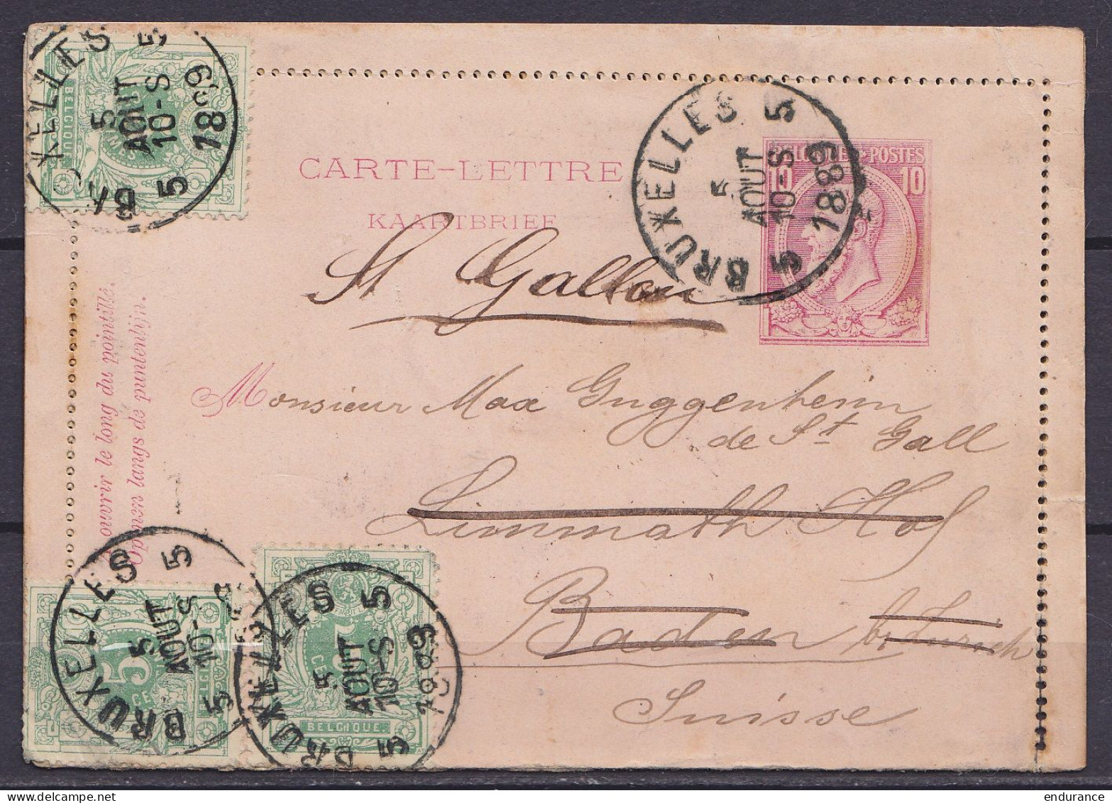 EP Carte-lettre 10c (N°46) + N°45x3 Càd BRUXELLES 5 /5 AOUT 1889 Pour BADEN (Suisse) Réexpédiée à ST-GALLEN (au Dos: Càd - Letter-Cards