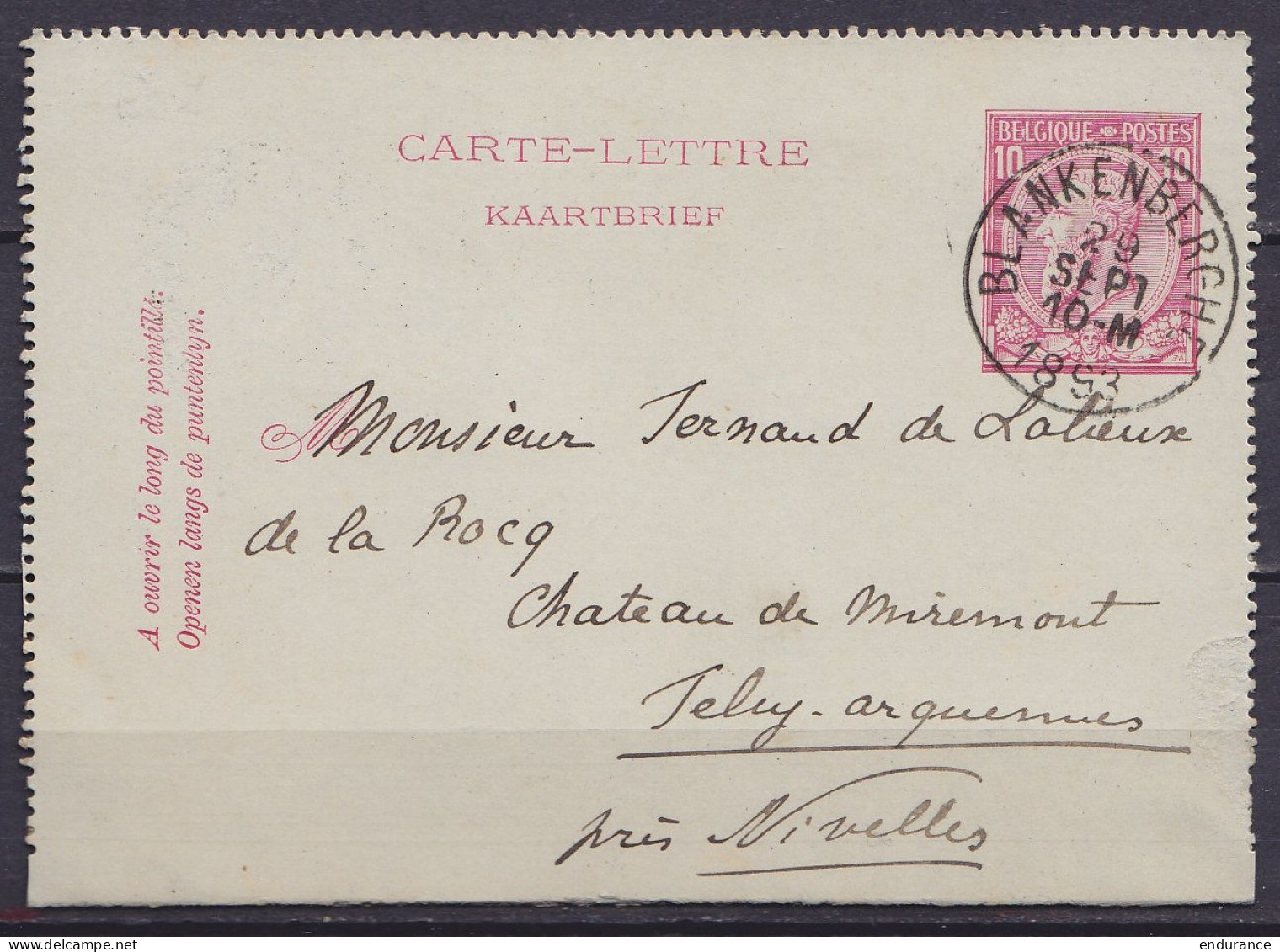 EP Carte-lettre 10c (N°46) Càd BLANKENBERGHE /29 SEPT 1893 Pour FELUY-ARQUENNES Près NIVELLES (au Dos: Càd Arrivée FELUY - Carte-Lettere
