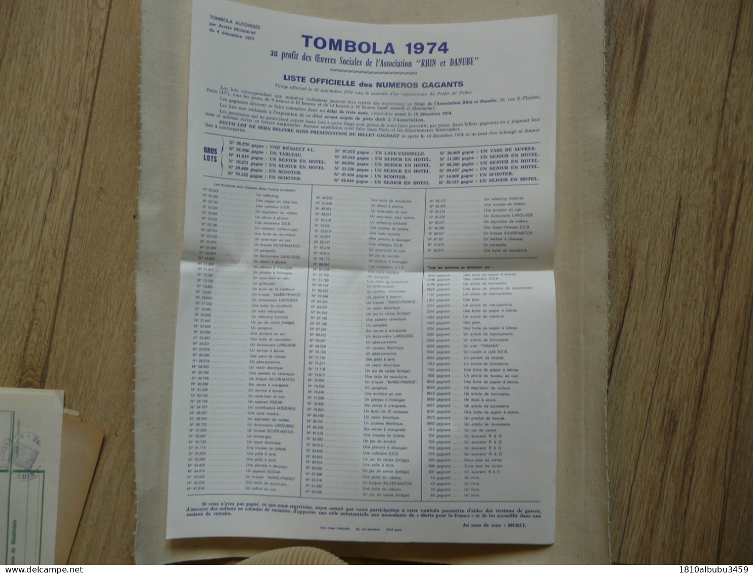 TOMBOLA 1974 Au Profit Des Oeuvres Sociales De L'ASSOCIATION "RHIN Et DANUBE" - Lottery Tickets