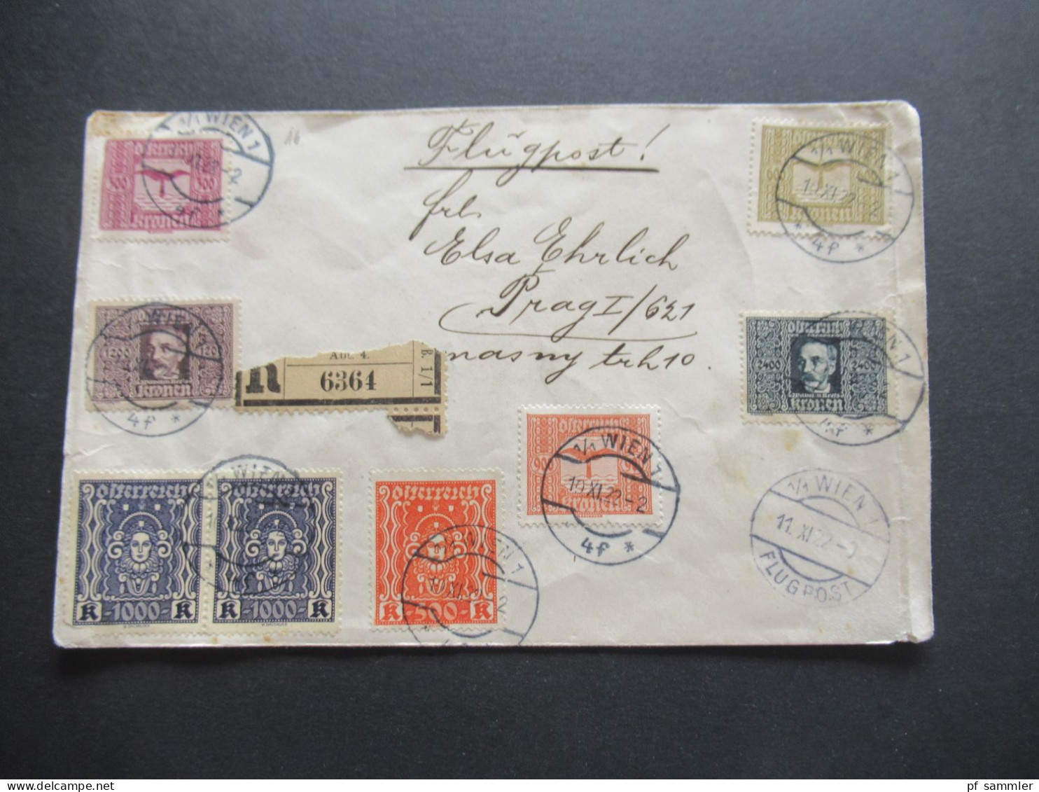 10.11.1922 Österreich Flugpost Wien - Prag MiF Flugpostmarken - Frauenkopf Einschreiben Wien Ank. Stp.Praha Letiste - Lettres & Documents