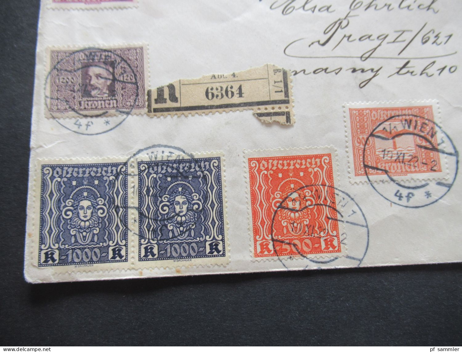 10.11.1922 Österreich Flugpost Wien - Prag MiF Flugpostmarken - Frauenkopf Einschreiben Wien Ank. Stp.Praha Letiste - Covers & Documents