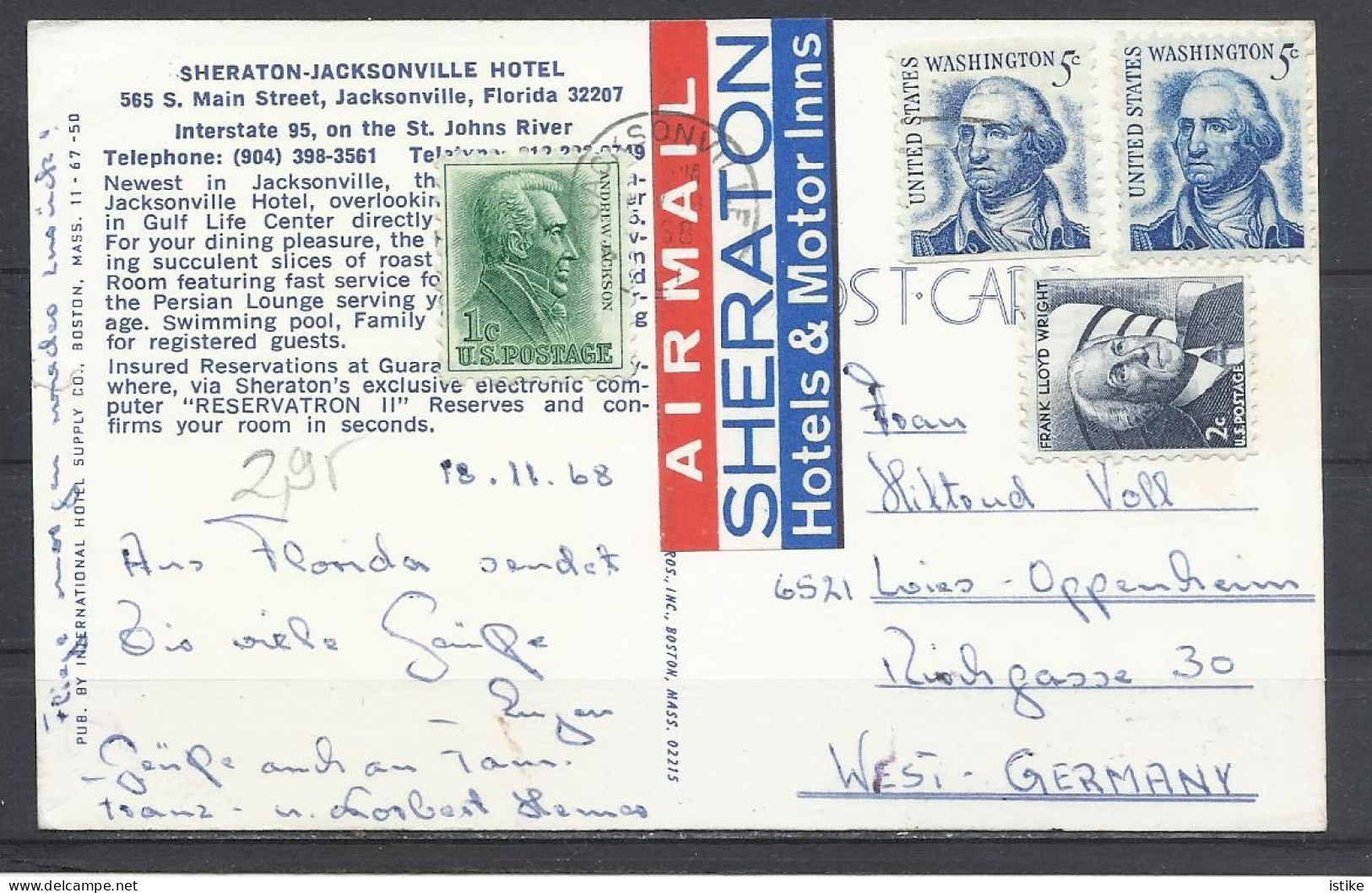 United  States, FL. Jacksonville, Sheraton Hotel, Rare Air Mail Label: Sheraton Hotels & Motor Inns, 1968. - Jacksonville