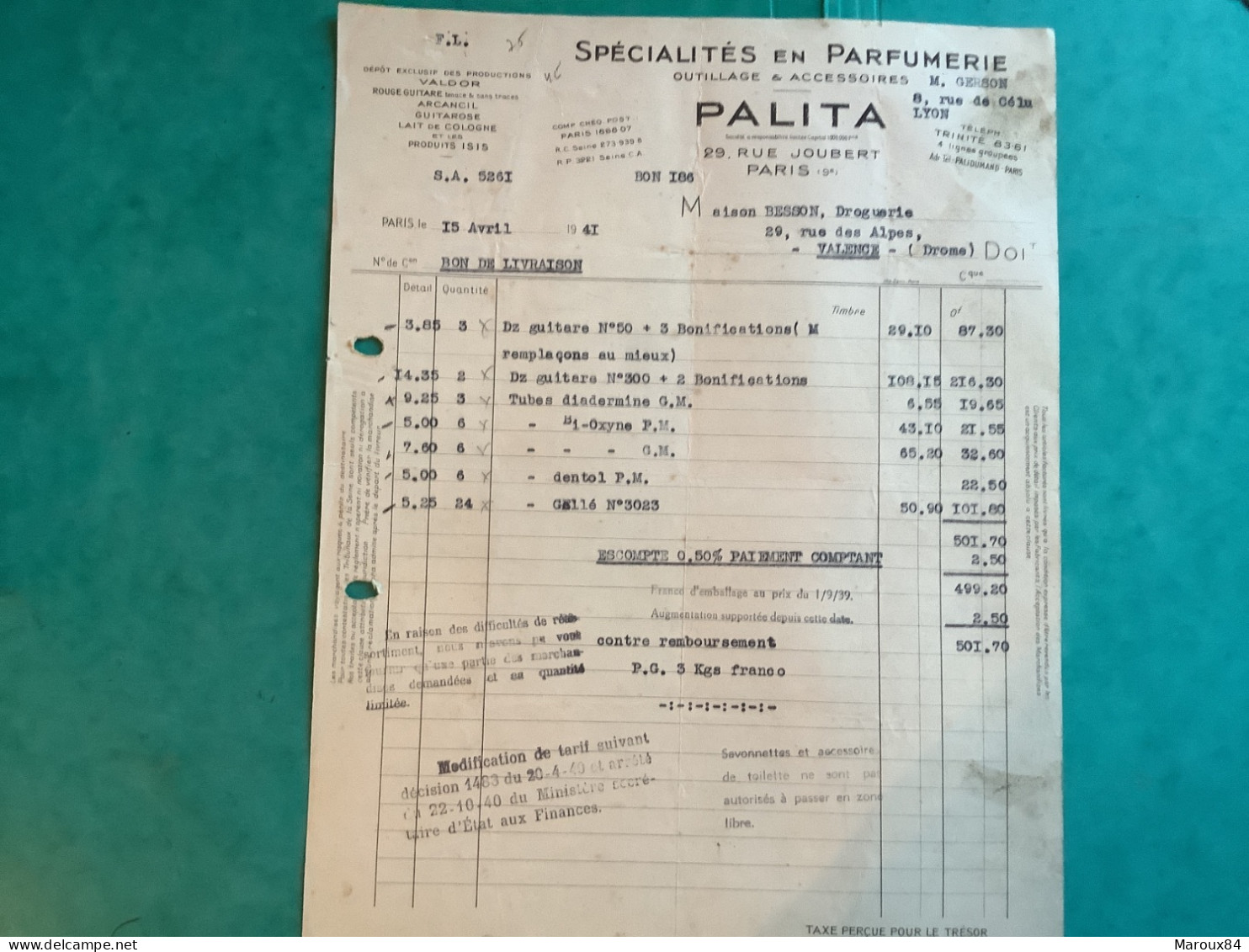 75/ Fact Spécialités En Parfumerie  Outillage Et Accessoires Malita Paris 9eme 1941 - Drogerie & Parfümerie