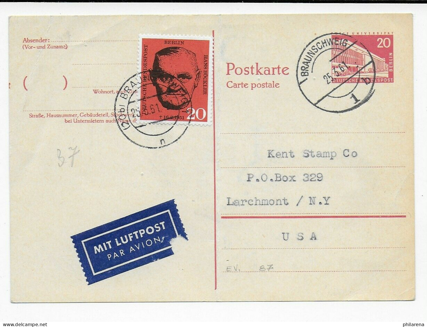 Ganzsache Berlin: Braunschweig Nach USA 1961 - Lettres & Documents