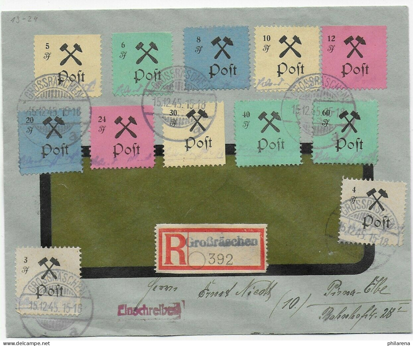 Einschreiben Großräschen Nach Pinna/Elbe, 1945, MiNr. 13-24 - Covers & Documents