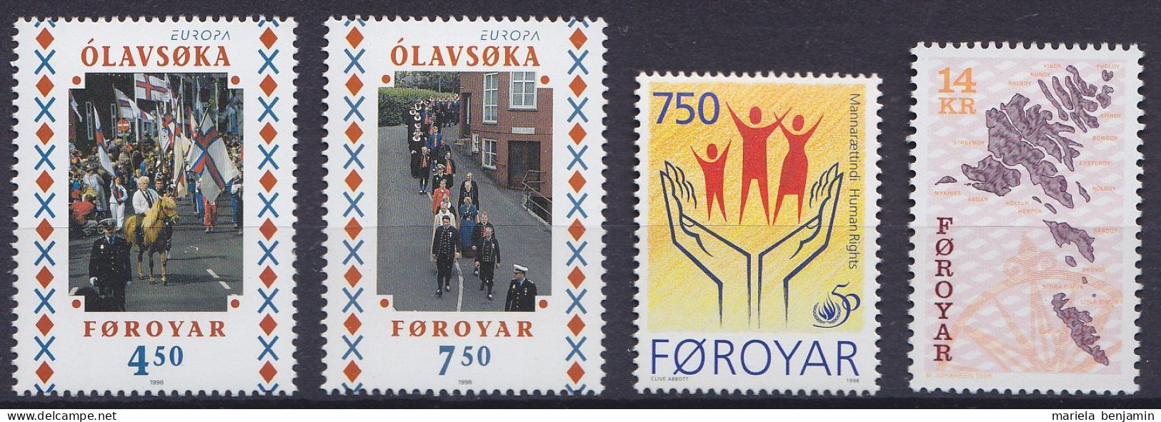 Féroé - 334/35 ** Europa + 336 ** Déclaration Droits De L'Homme + 337 ** Carte Des Féroé 1998 - Färöer Inseln