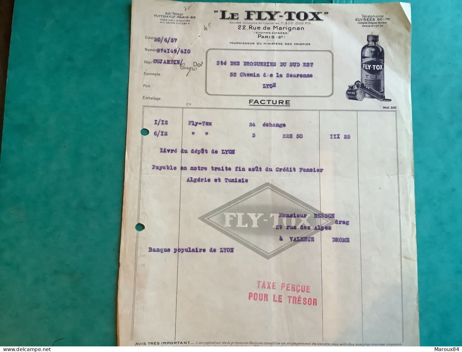 75/ Paris 9eme Fact Le Fly Tox 1937 - Drogerie & Parfümerie