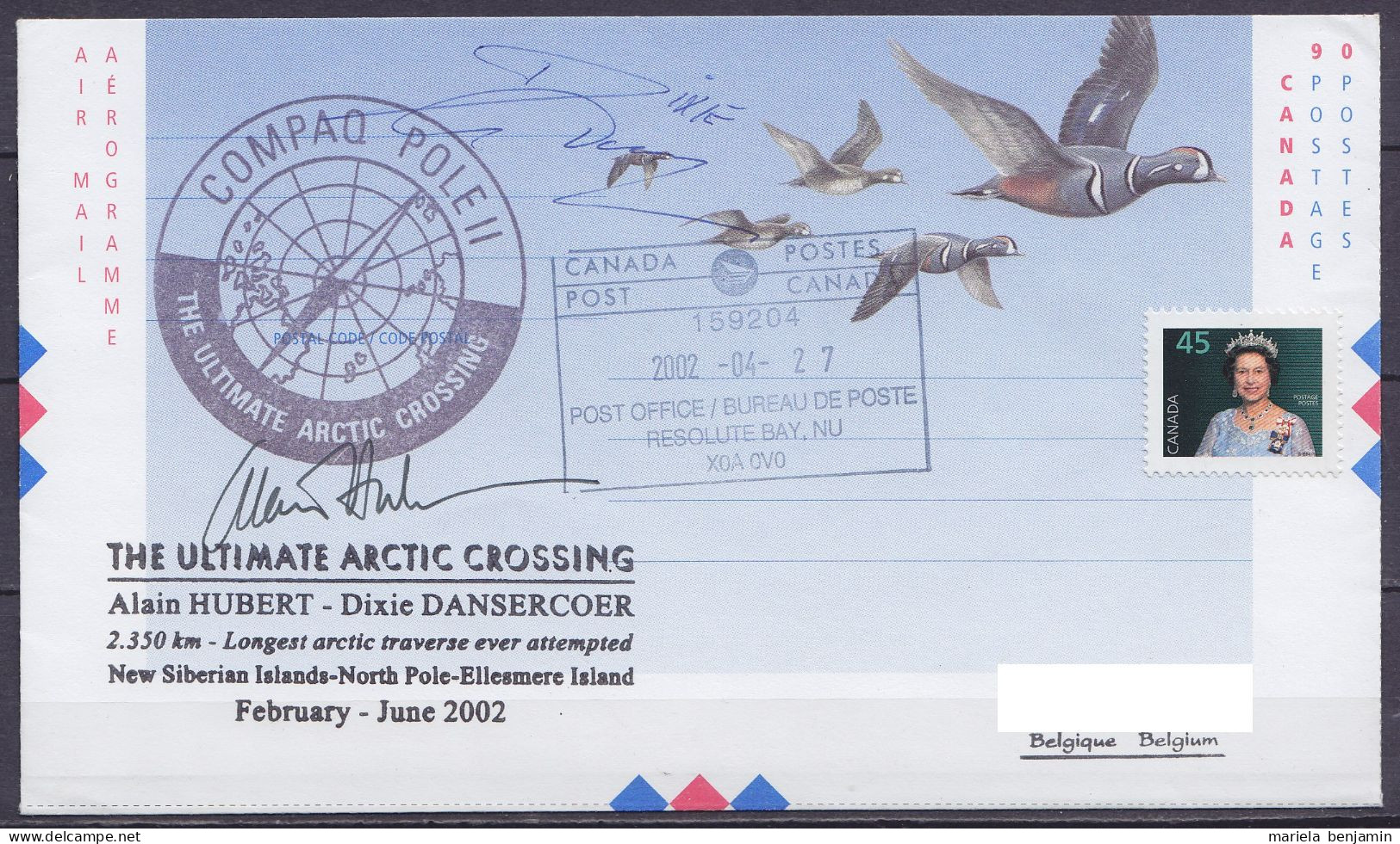 Canada - Aérogramme - Expédition Arctique Belge "The Ultimate Arctic Crossing 2002" + Sign. Alain Hubert & Dixie Danserc - Antarctische Expedities