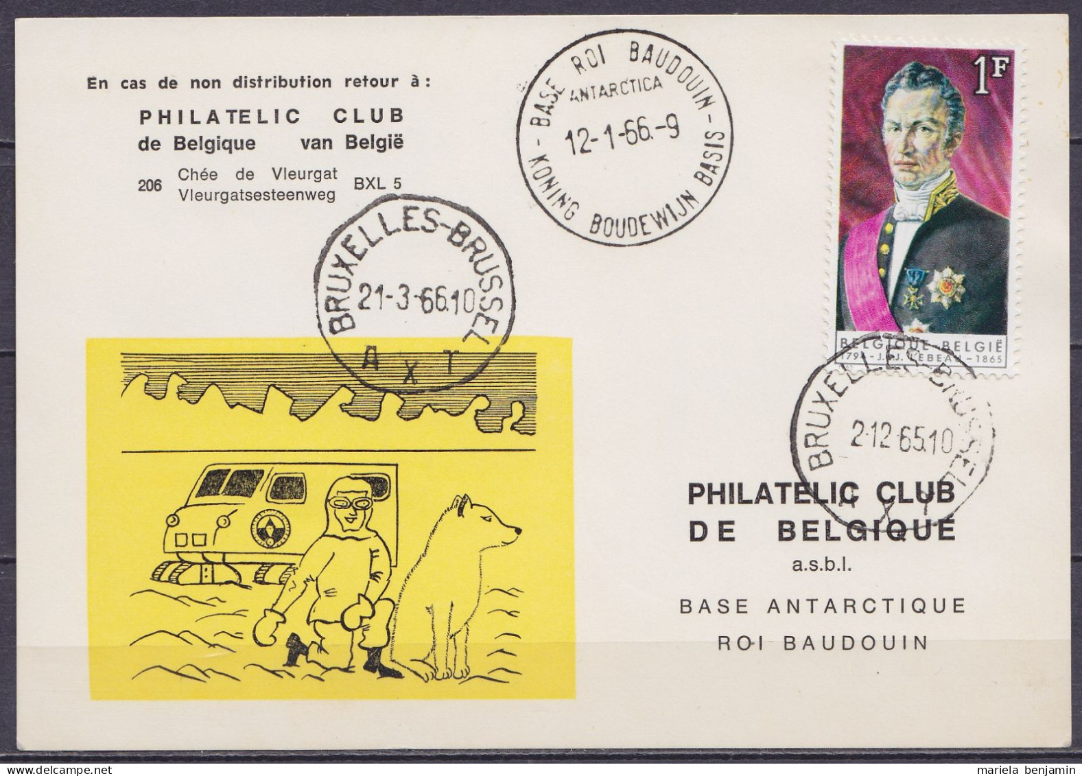 Belgique - Carte 6e Expédition Antarctique Oblit Base Roi Baudouin 12/01/1966 - Antarctische Expedities