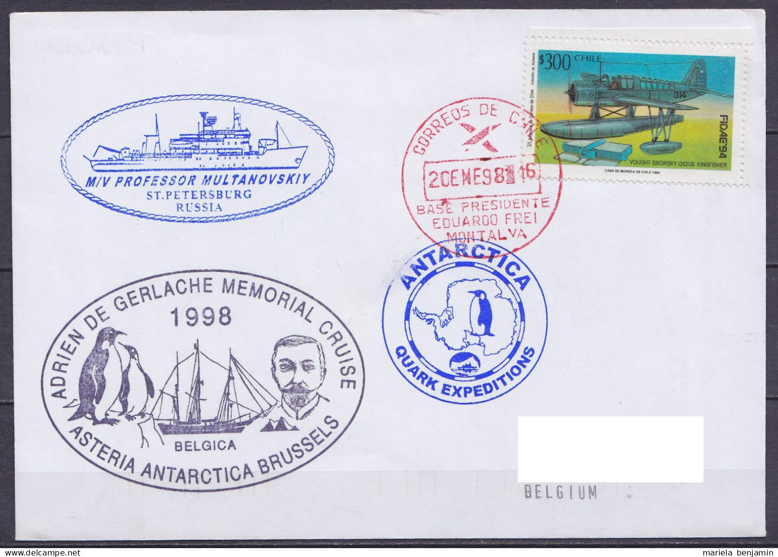 Chili - Cachet "Adrien De Gerlache Memorial Cruise 1998" & Bateau M/V Professor Multanovskiy Càd Base PRESIDENTE EDUARDO - Antarctische Expedities