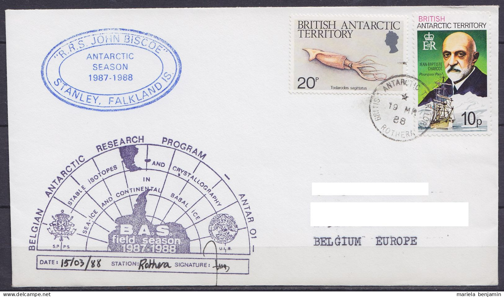 British Antarctic - BELGIAN ANTARCTIC RESEARCH PROGRAM / ANTAR 01 / 1987-88" Cachet Bateau RRS JOHN BISCOE Oblit ROTHERA - Antarctische Expedities