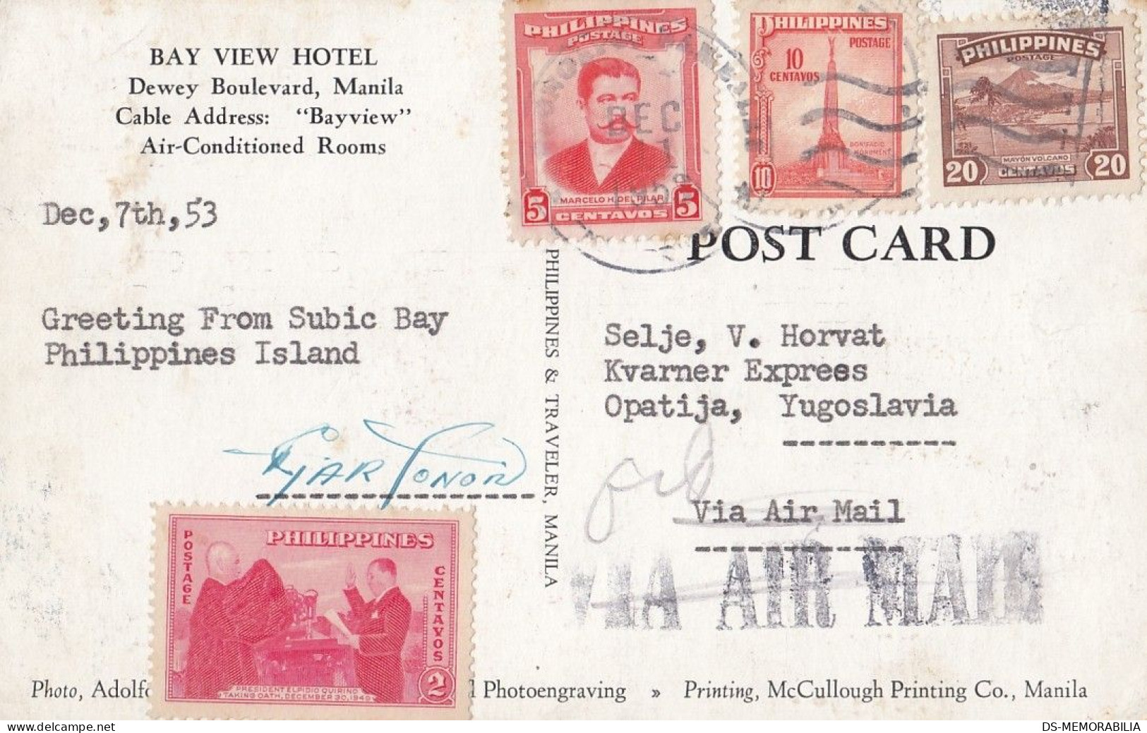 Philippines - Manila , Bay View Hotel 1953 - Filipinas