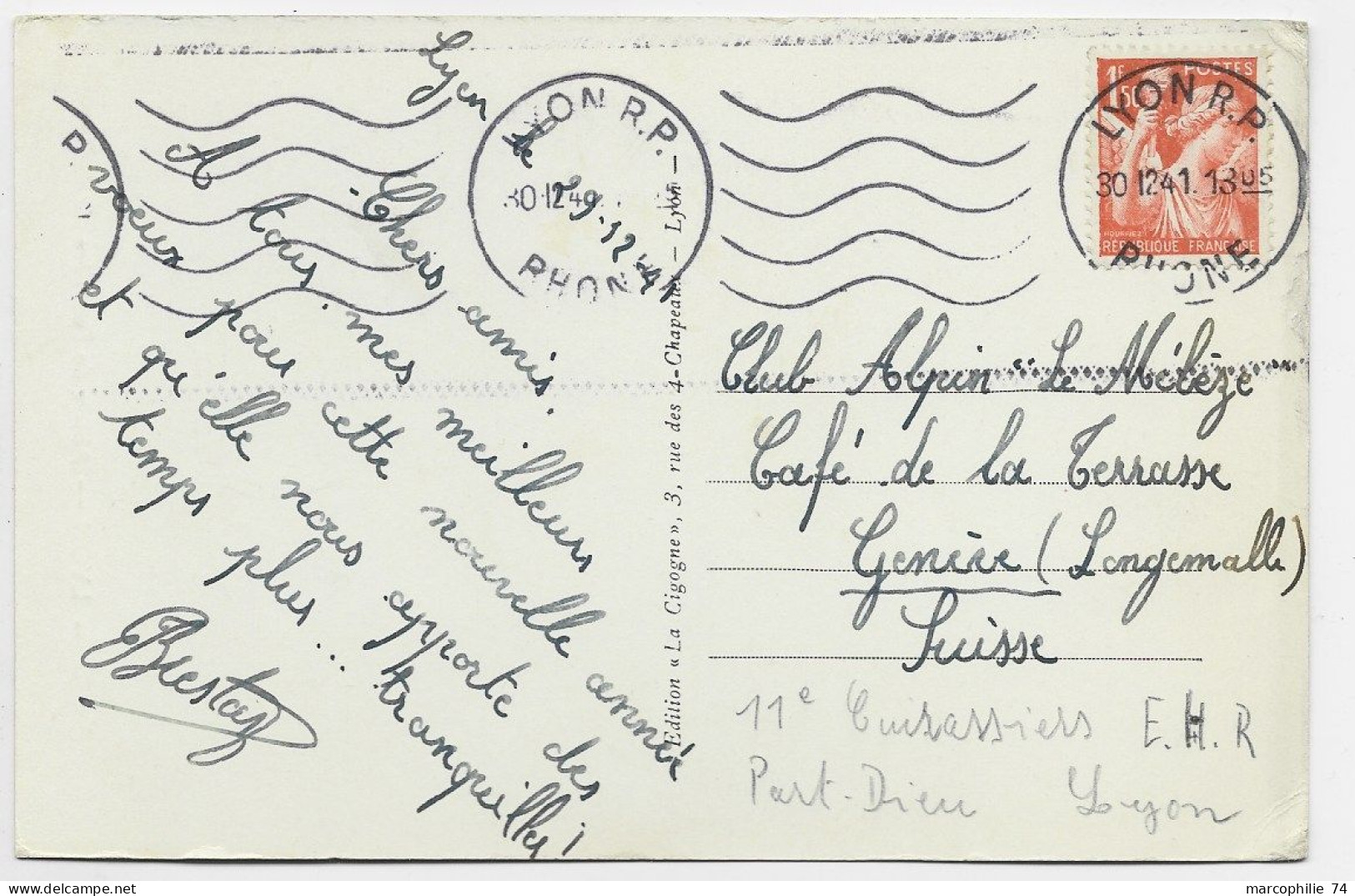 IRIS 1FR50 ORANGE N° 435 SEUL CARTE LYON 30.12.1941 POUR SUISSE AU TARIF - 1939-44 Iris