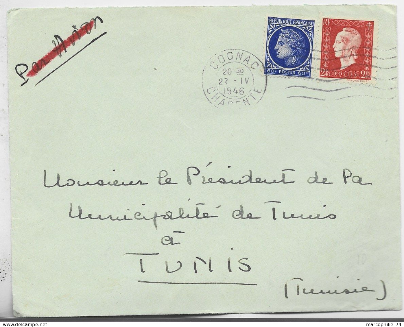 FRANCE DULAC 2FR40 +60C MAZELIN LETTRE COVER CHARENTE 27.IV.1946 POUR TUNISIE AU TARIF - 1944-45 Marianne (Dulac)