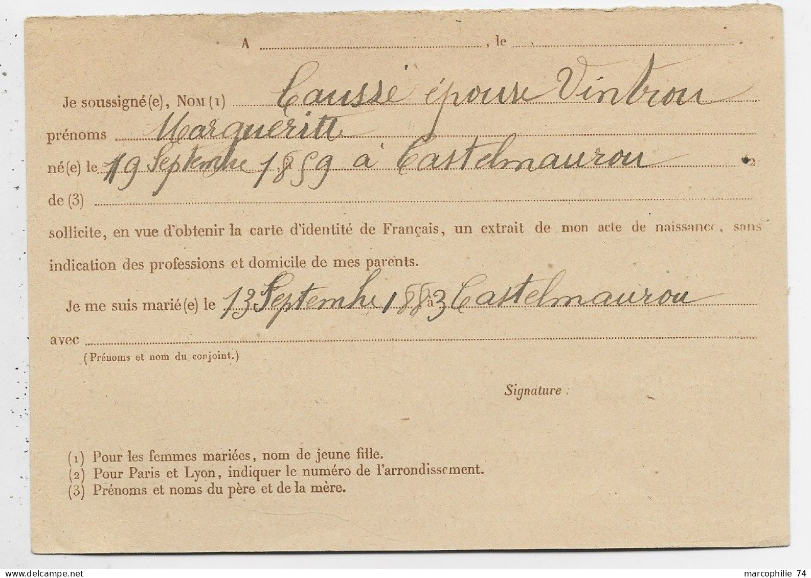 FRANCE ENTIER 1FR20 PETAIN CATE REPONSE PAYEE DEMANDE D'EXTRAIT DE NAISSANCE CASTELMAURON 1943 HAUTE GARONNE - 1941-42 Pétain