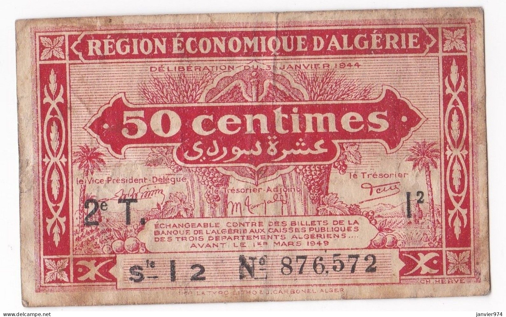 Région Economique D’Algérie 50 Centimes 1944, 2e T Serie I 2 N° 876572, Billet Colonial Circulé - Bons & Nécessité