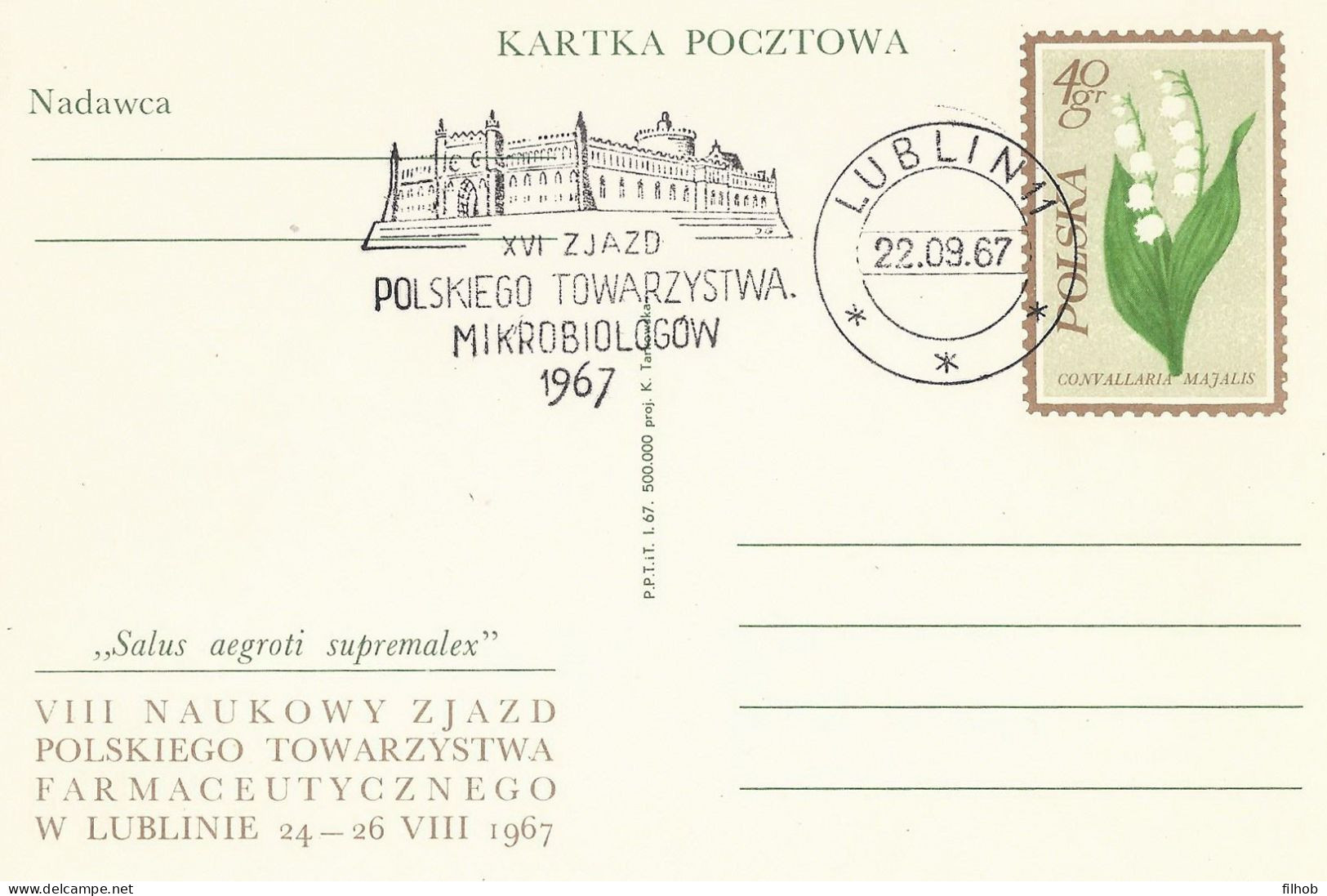 Poland Postmark D67.09.22 LUBLIN: Polish Society Of Microbiologists Castle Tower - Stamped Stationery
