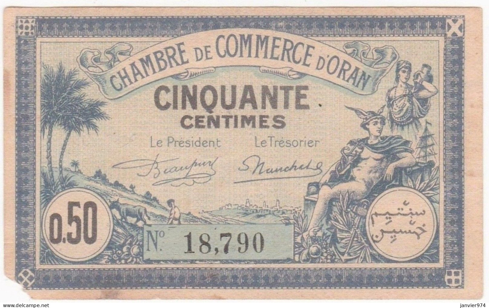 Algerie Oran. Chambre De Commerce.  50 Centimes 11 Avril 1923 N° 18,790. Billet Colonial Circulé - Camera Di Commercio