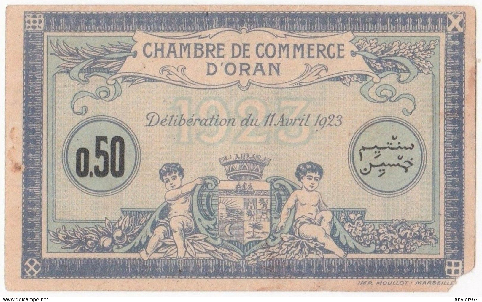 Algerie Oran. Chambre De Commerce.  50 Centimes 11 Avril 1923 N° 18,790. Billet Colonial Circulé - Cámara De Comercio