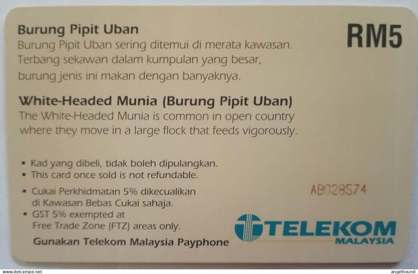 Malaysia Rm5 Chip Card - Burung Pipit Uban ( White- Headed Munia ) - Maleisië