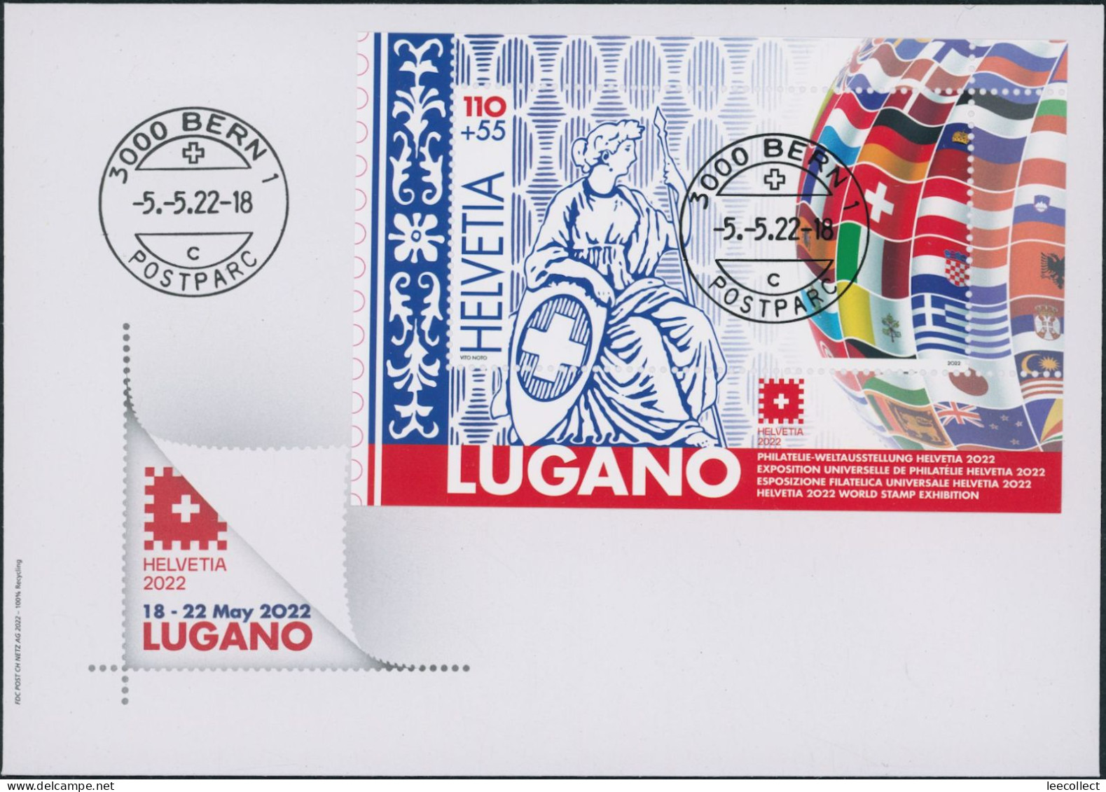 Suisse - 2022 - Lugano - Weltausstellung • Helvetia - Block - Ersttagsbrief FDC ET - Ersttag Voll Stempel - Cartas & Documentos