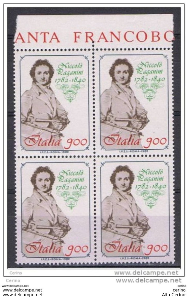 REPUBBLICA:  1982  PAGANINI  -  £. 900  BRUNO, VERDE  E  ROSSO  BL. 4  N. -  SASS. 1586 - Blocks & Sheetlets