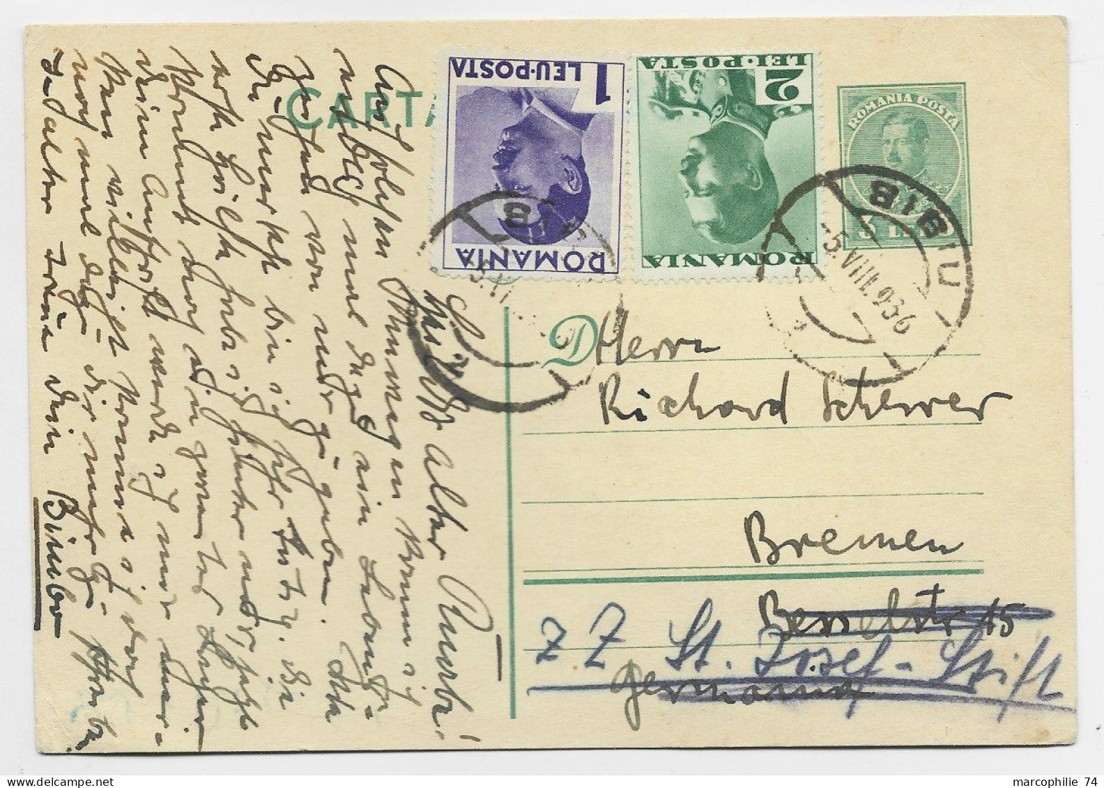 ROMANIA 2LEI ENTIER CARTE POSTALA ++ 1L+2L BIBIU 5 VIII 1936 TO GERMANY - Covers & Documents