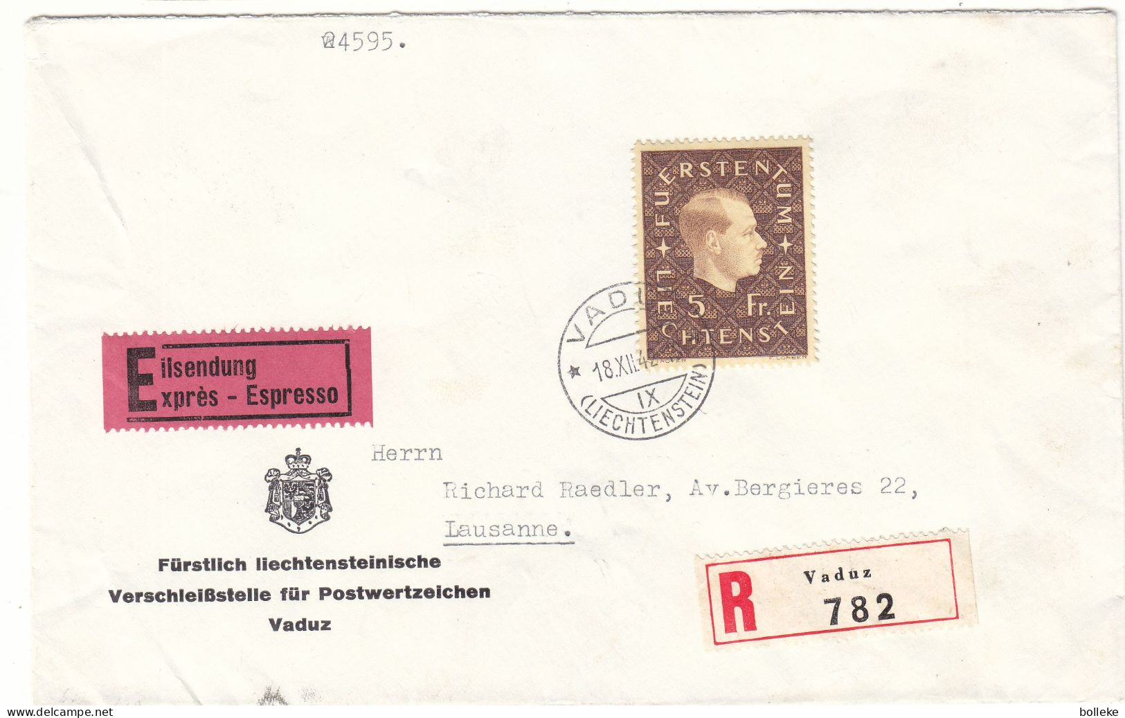 Liechtenstein - Lettre Recom Exprès De 1942 - Oblit Vaduz - Exp Vers Lausanne - Valeur 130 Euros - - Lettres & Documents