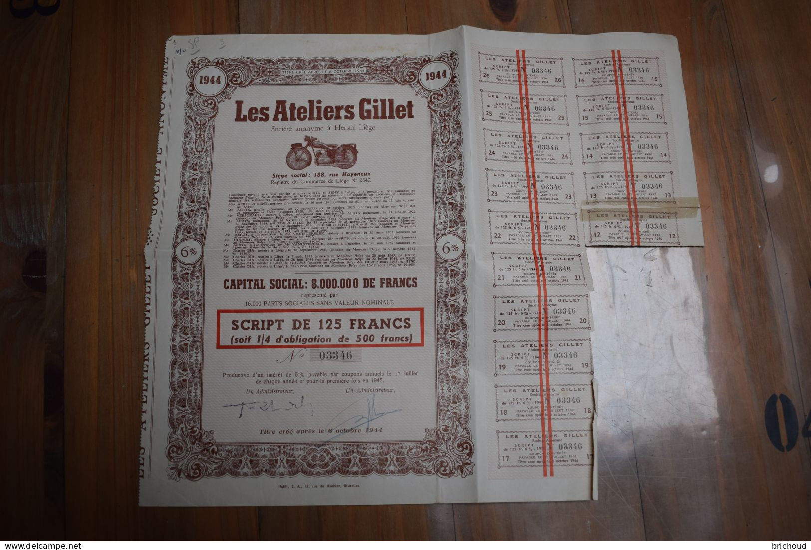 Les Ateliers Gillet Obligation Script 125  Frs 1944 Moto - Automobile