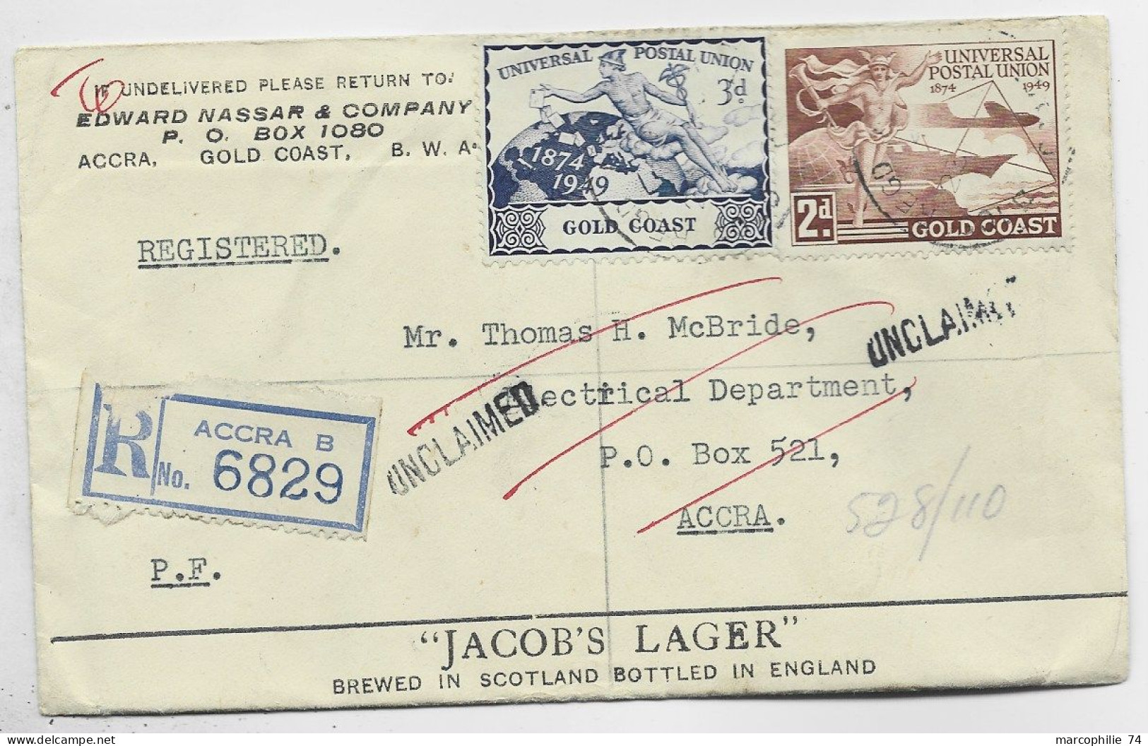 GOLD COAST UPU 3D+ PA 2D LETTRE COVER REG ACCRA 1949 TO ACCRA - Côte D'Or (...-1957)
