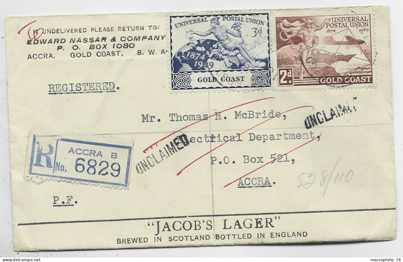 GOLD COAST UPU 3D+ PA 2D LETTRE COVER REG ACCRA 1949 TO ACCRA - Goldküste (...-1957)