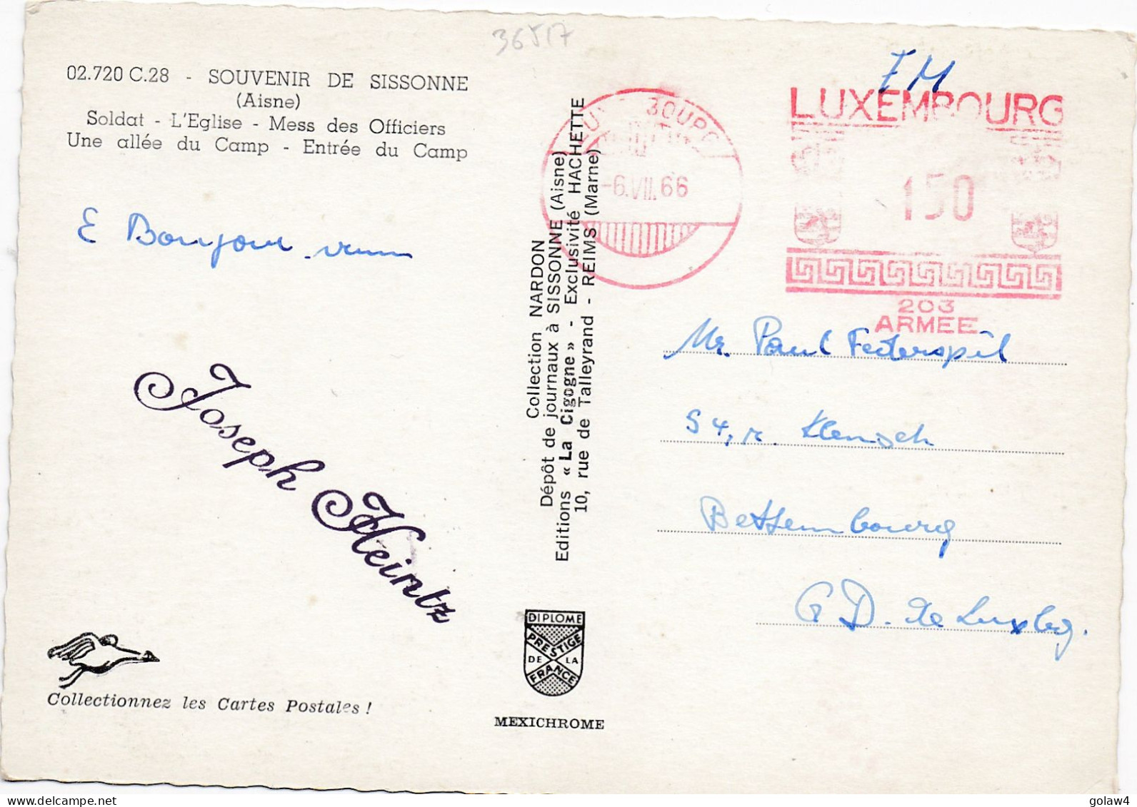 36517# EMA CARTE POSTALE SISSONNE AISNE FM FRANCHISE MILITAIRE Obl LUXEMBOURG 1966 203 ARMEES Pour BETTEMBOURG - Frankeermachines (EMA)