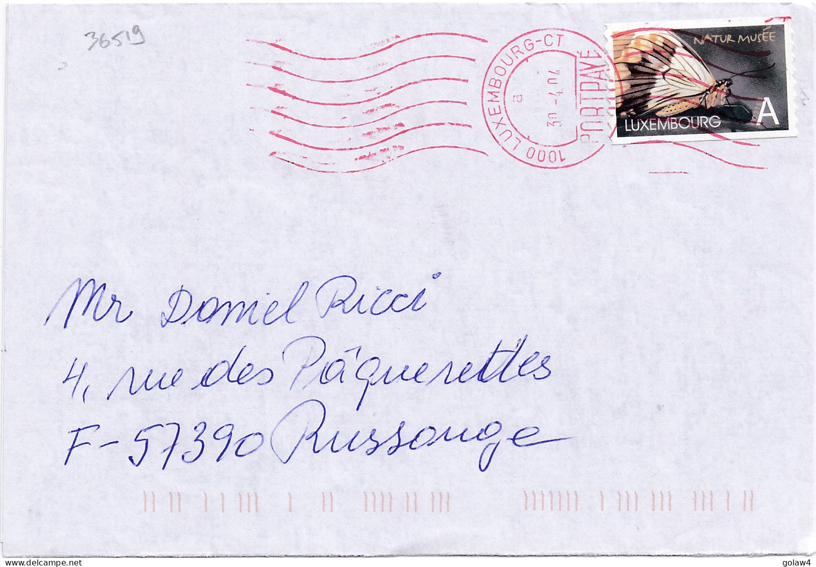 36519# LETTRE AFFRANCHIE Obl 1000 LUXEMBOURG CT PORT PAYE 2004 Pour RUSSANGE MOSELLE - Cartas & Documentos