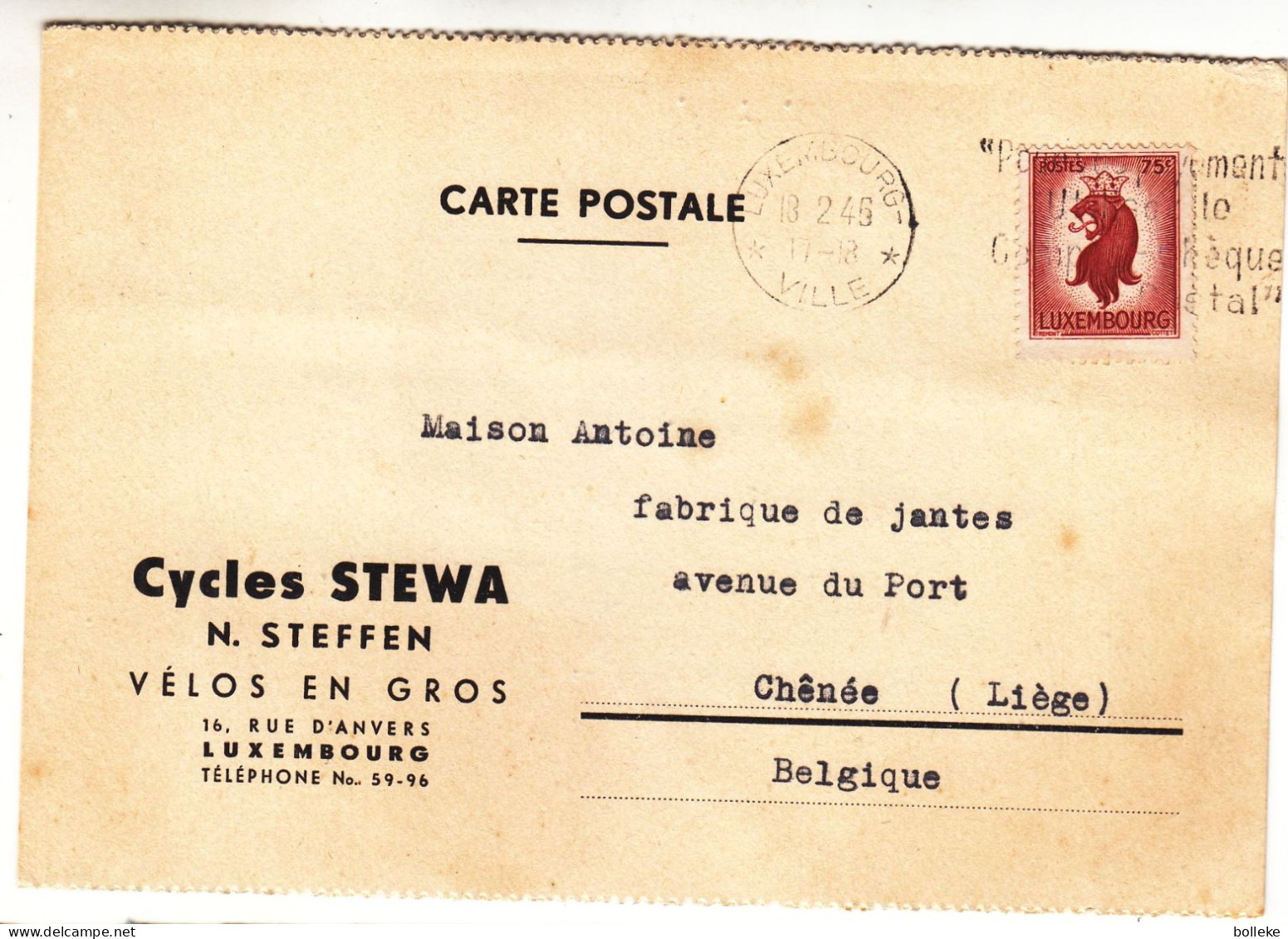 Luxembourg - Carte Postale De 1946 - Oblit Luxembourg Ville - Exp Vers Chenée - - Brieven En Documenten
