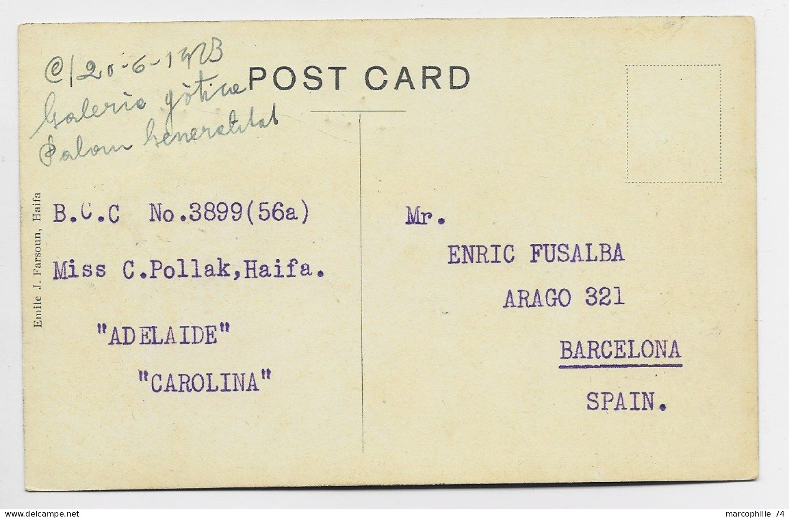 PALESTINE PAID EEF 2CX2+4C  AU RECTO CARD HAIFA 1923 TO ESPANA - Palestina