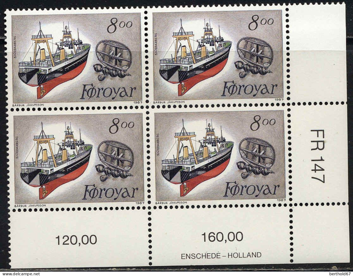 Feroe Poste N** Yv:147 Mi:153 Sjürdarberg Bateau De Pêche Coin D.feuille X4 - Färöer Inseln