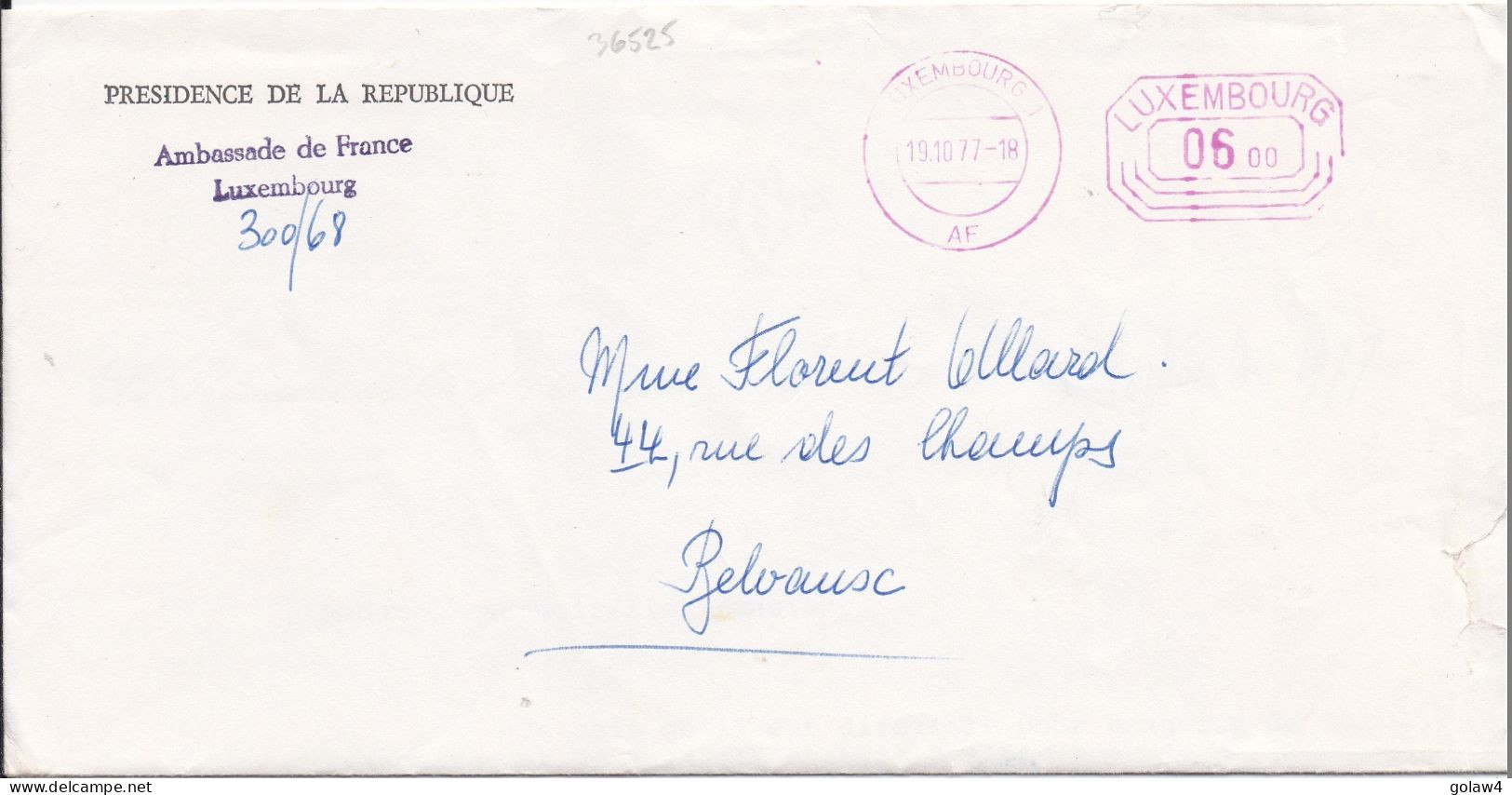 36525# LETTRE PRESIDENCE DE LA REPUBLIQUE AMBASSADE DE FRANCE Obl LUXEMBOURG AF 1977 Pour BELVAUX - Maschinenstempel (EMA)