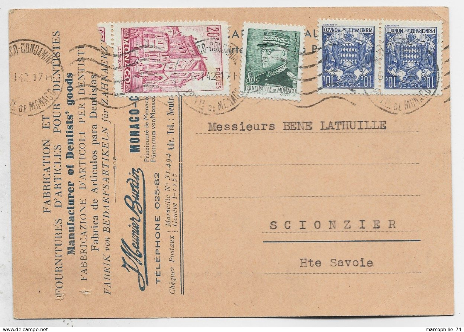 MONACO 10CX2+80C+20C CARTE PRIVEE DENTISTE MONACO CONDAMINE 1942 - Covers & Documents