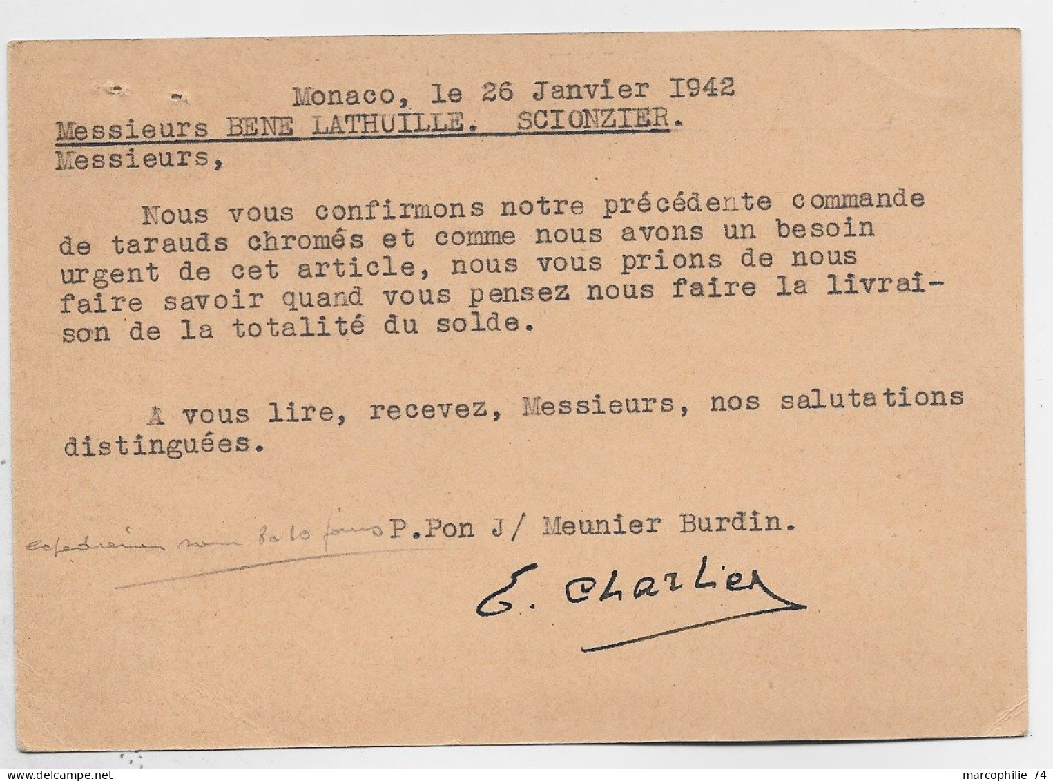 MONACO 10CX2+80C+20C CARTE PRIVEE DENTISTE MONACO CONDAMINE 1942 - Lettres & Documents