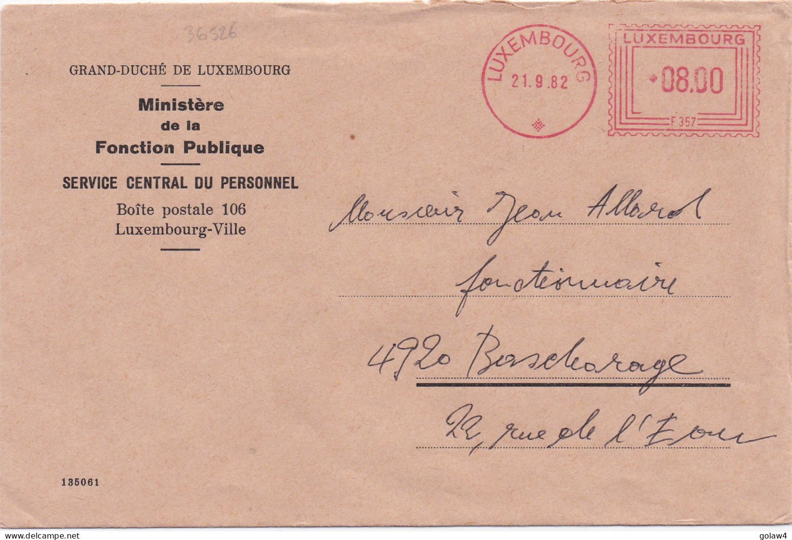 36526# EMA LETTRE AFFRANCHISSEMENT MECANIQUE F 357 Obl LUXEMBOURG 1982 Pour BASCHARAGE - Machines à Affranchir (EMA)