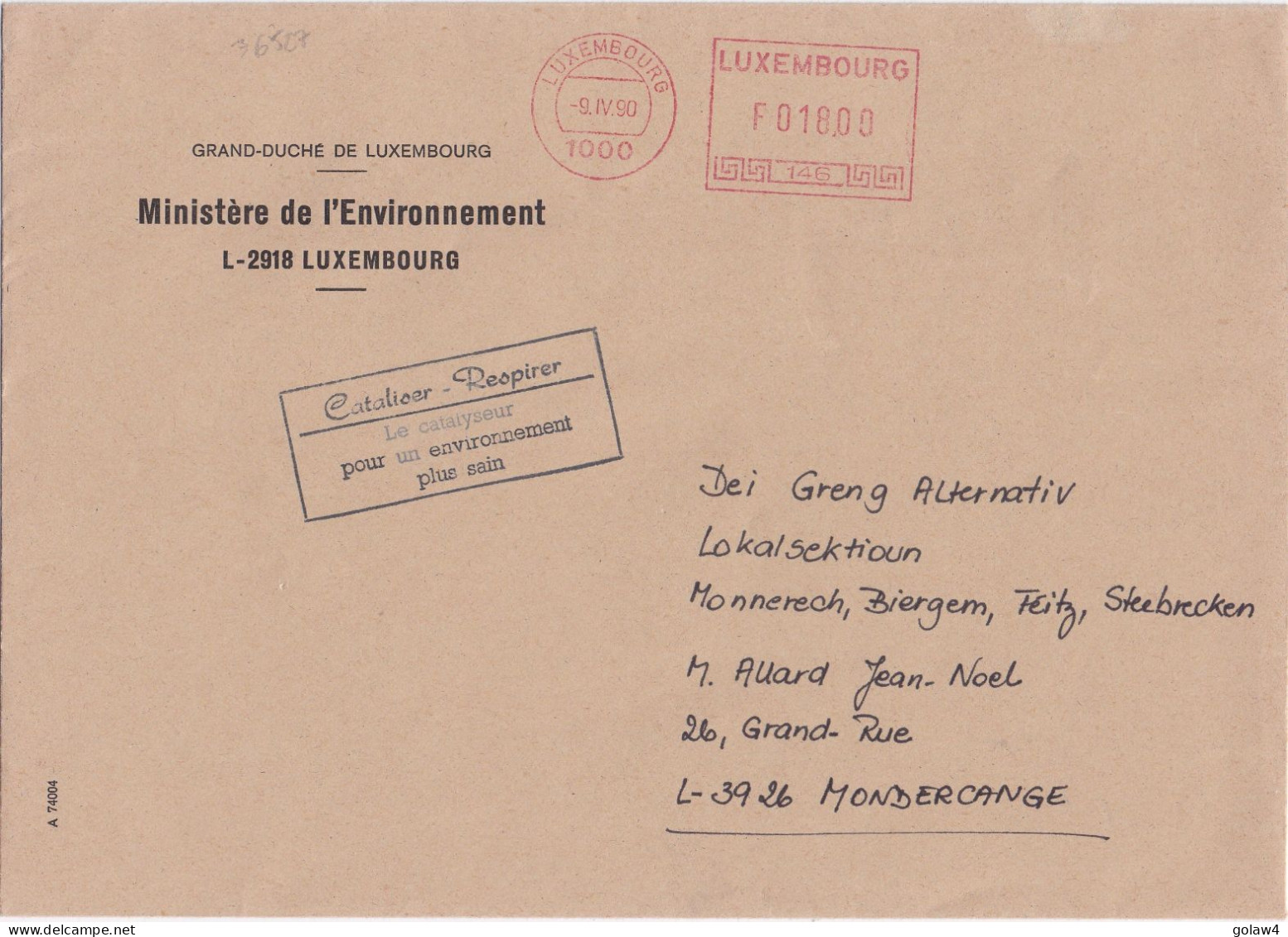 36527# EMA LETTRE AFFRANCHISSEMENT MECANIQUE 146 Obl LUXEMBOURG 1990 Pour MONDERCANGE - Machines à Affranchir (EMA)